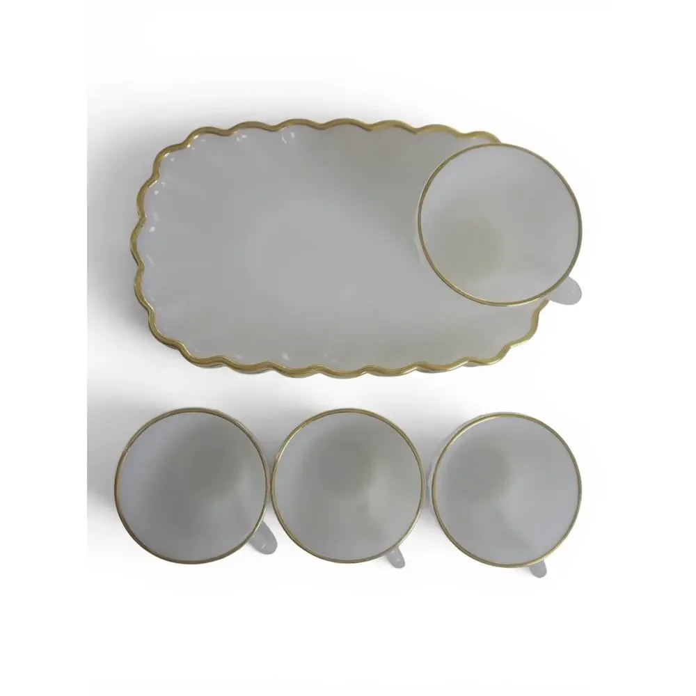 Vintage Anchor Hocking Milk Glass Snack Set 4 Cups 4 Trays Gold Trim